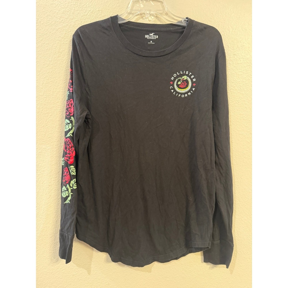 Hollister California Mens Medium Black Long Sleeve Snake Rose Graphic Tee Shirt